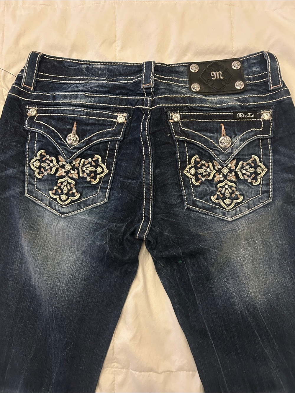 Miss Me Dark Blue Embroidered Bootcut Jeans with Rhinestone Accents size 29